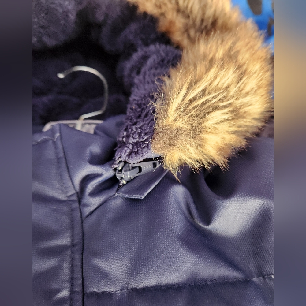 Boys Navy Blue Puffer Jacket with Faux Fur Hood - Picture 3 of 7